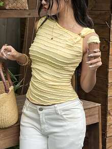 Serisse Frenchy Women's Pale Yellow Summer Elegant Cute Brunch Tank Top,Asymmetric Neck Metal Ring Detail Lettuce Trim Ruched Textured Sleeveless Camisole - Yellow - View 5