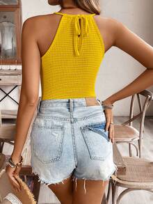 SHEIN Frenchy Áo hai dây ren tan trong nước, dây rút, phối ren, thích hợp cho kỳ nghỉ hè của nữ. - Màu vàng - Xem 2