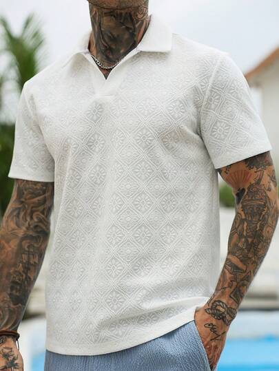 VENTUSAIL Men's Summer Beach Vacation Jacquard V-Collar Short Sleeve Polo Shirt