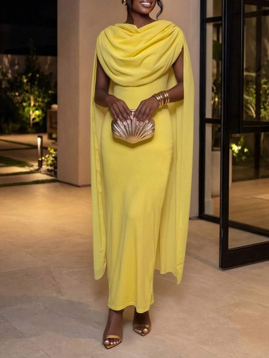 SHEIN Lunessa Elegant Backless Solid Color Party Cocktail Party Dress Yellow Summer - Pale Yellow - View 1