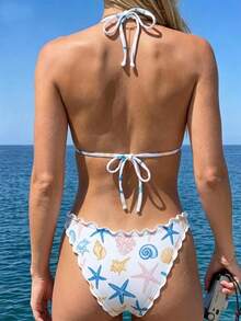 Swim Mod Bikini con estampado de estrella de mar sexy, traje de baño con cuello halter, volantes y talle bajo para mujeres, ideal para vacaciones en la playa - Multicolor - Ver 2
