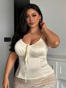 Dazy Plus Plus Size Women's Romantic French Style Ruffle Drawstring Satin Camisole Top, Spring/Summer - Beige - View 6