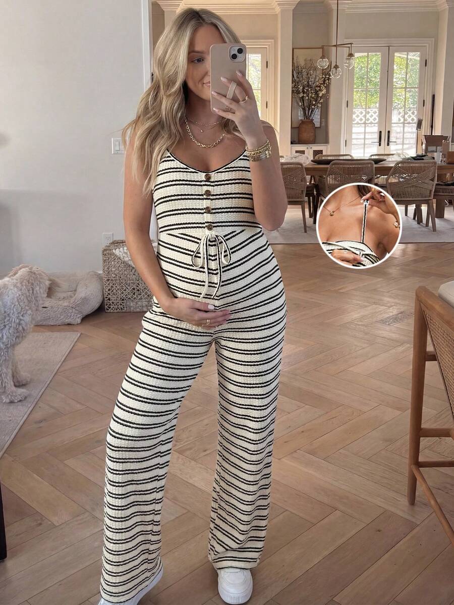 SHEIN Baju Hamil Jumpsuit Menyusui Musim Semi dan Musim Panas untuk Ibu Hamil, Motif Garis Aprikot, Nyaman dan Kasual, Desain Kancing, Ikat Pinggang, dan Fungsional.
