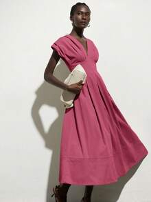 Aveloria Modichic Oversized Padded Shoulder Cap Sleeve Cinched Waist Pleated Dress, Beige Tone Long Dress For Women - Pink - View 6