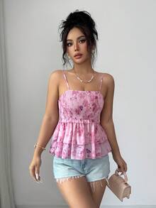 Elenzga Women's Casual Vacation Chiffon Butterfly Print Asymmetric Layered Camisole, Summer Tank Top - Pink - View 7