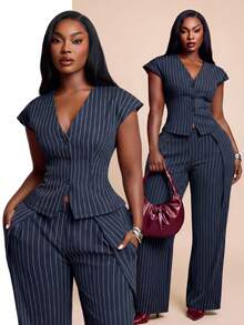 Radiana Plus Size Women's Summer Casual Light Blue Striped Bussines Office Work Blazer,Elegant Retro Striped Drop Shoulder Wide Shoulder Jacket For Urban - Blue - View 10