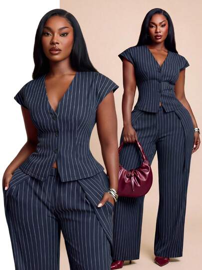 Radiana Plus Size Women's Spring/Summer Fashion Casual Elegant Commuting Striped Drop Shoulder Wide Shoulder Jacket Blazer, Suitable For Urban, Sexy Office Siren Coquettish, Versatile, Cruise Attire, Commuting, Business, Retro, Vintage, Party, Resort, Outing, Old Money, Richly Layered, Date Night, Gathering, Minimalism, Birthday, Formal Event, Gyaru, Ibiza, Nashville, Break, Modest, Chic, Casual, Shopping, Streetwear, Going Out, Coquette, Accent Your Body, Flatter The Figure