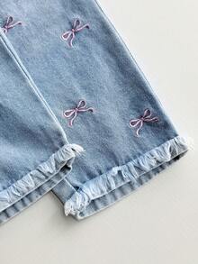 Baby Girl Solid Color Ribbed Tank Top And Bow Embroidered Denim Pants Set - Pink - View 8