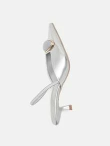 Women's 2025 New Fashion Metal Buckle Pointed Toe High Heel Pumps, Elegant Design,Kitten Heels - Silver - View 4