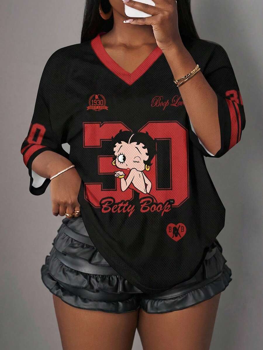 Slaydiva Betty Boop x SHEIN 休闲简约V领加大码女式卡通印花T恤,适合夏季穿着 - 彩色 - 查看 1