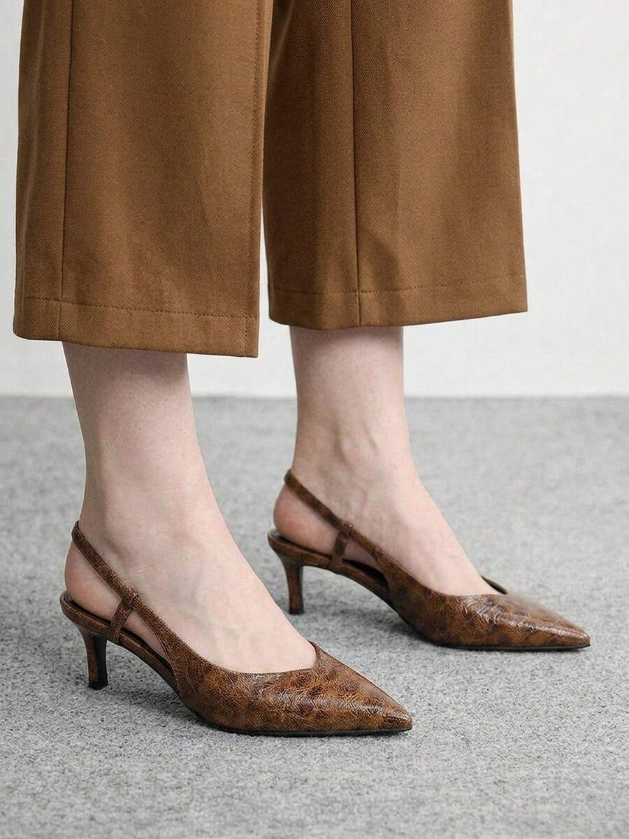 CUCCOO BIZCHIC Ladies Brown Elegant Pointed Kitten Heel Sandals Back Empty Sandals Commuter Fashion Wear - Brown - View 1