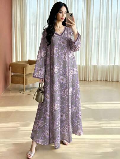 SHEIN Najma Ditsy Floral Long Maxi Dress, Women's Fashion V-Neck Long Sleeve Dress, Ladies' Long Ditsy Floral Dress, Elegant Maxi Dress For Spring/Summer, Arabic Style Women Dress