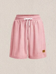 Mercer Haus Men's Letter Print Drawstring Waist Loose Casual Bermuda Shorts - Dusty Pink - View 3