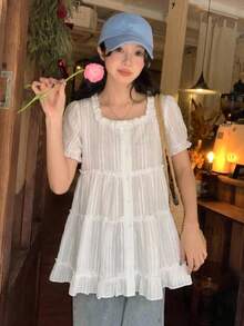 DAZY 女款白色方領荷葉邊鬆身休閒襯衫，泡泡袖修身顯瘦夏季上衣 - 白色 - 查看 3
