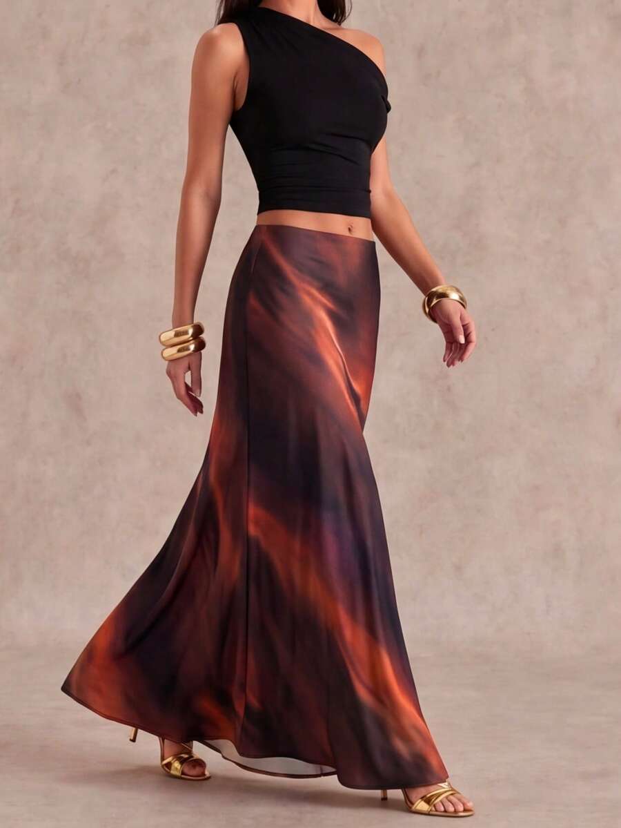 SHEIN Glamour Chân váy chữ A thanh lịch, đa năng, chất liệu satin in họa tiết, trang phục mùa hè, váy ôm sát thời trang. - màu nâu - Xem 1
