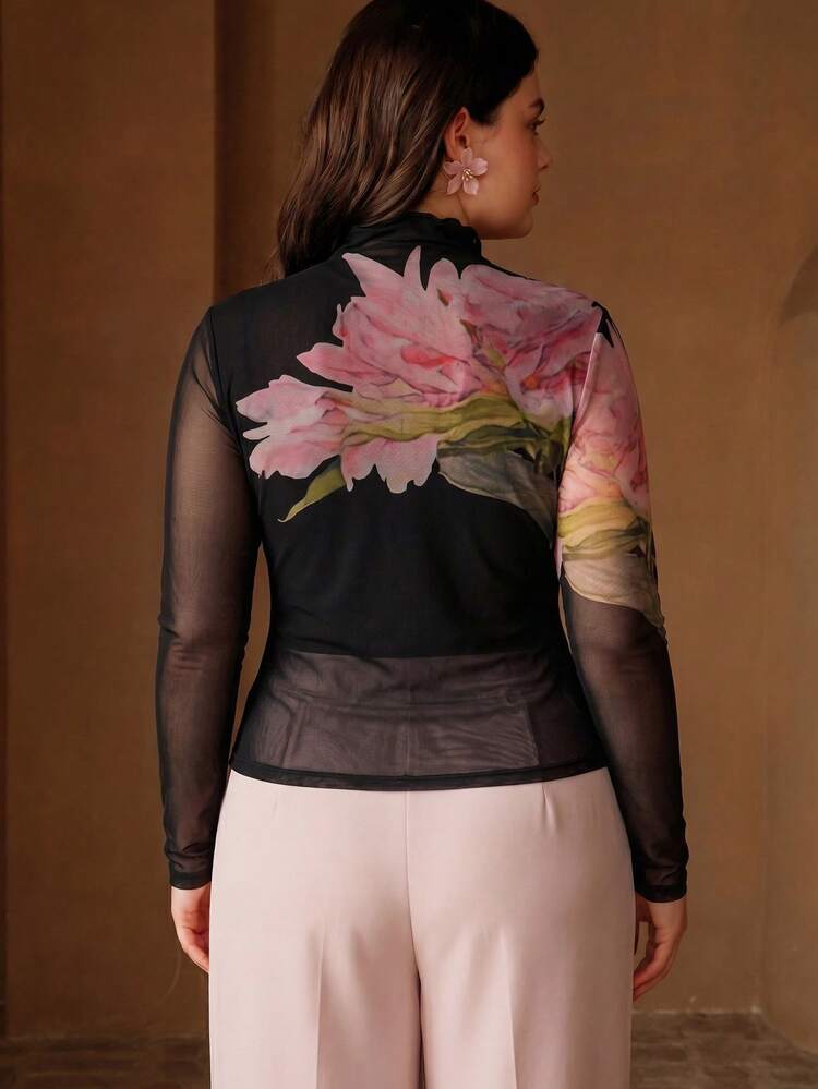Elegant Fashionable Casual Sexy Date Night Outing Professional Holiday Vacation Floral Print Stretchy Fitted Mesh Long Sleeve Plus Size Women Top, Spring/Summer