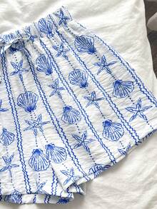 SHEIN Tween Girl Casual Daily Versatile Comfortable Fitted Shell Pattern Beach Vacation Shorts Tween Girl - Blue - View 5