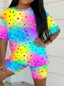 Random 6items,Send 2item  2pcs Tween Girls Casual Colorful Pattern Short Sleeve T-Shirt And Shorts Set, Suitable For Summer - Multicolor - View 2