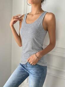 SHEIN Tall Áo tank top nữ cổ tròn đơn sắc tối giản, thích hợp mặc hàng ngày đi làm, mùa hè. - Màu Xám nhạt - Xem 3
