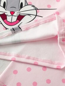 LOONEY TUNES X SHEIN GraphicGems 少女波点卡通印花紧身弹力面料圆领舒适短袖上衣和短裤两件套紧身睡衣套装 - 粉色 - 查看 6