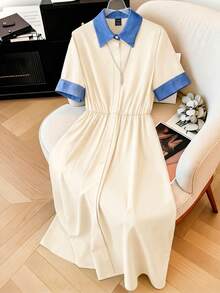 EMERY ROSE Women's Summer Casual Color Block Button Front Shirt Dress - Apricot - View 3