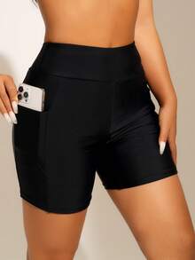 SHEIN Swim Women Summer Beach Simple Solid Daily Shorts Bikini Bottom, 1pc - Black - View 2