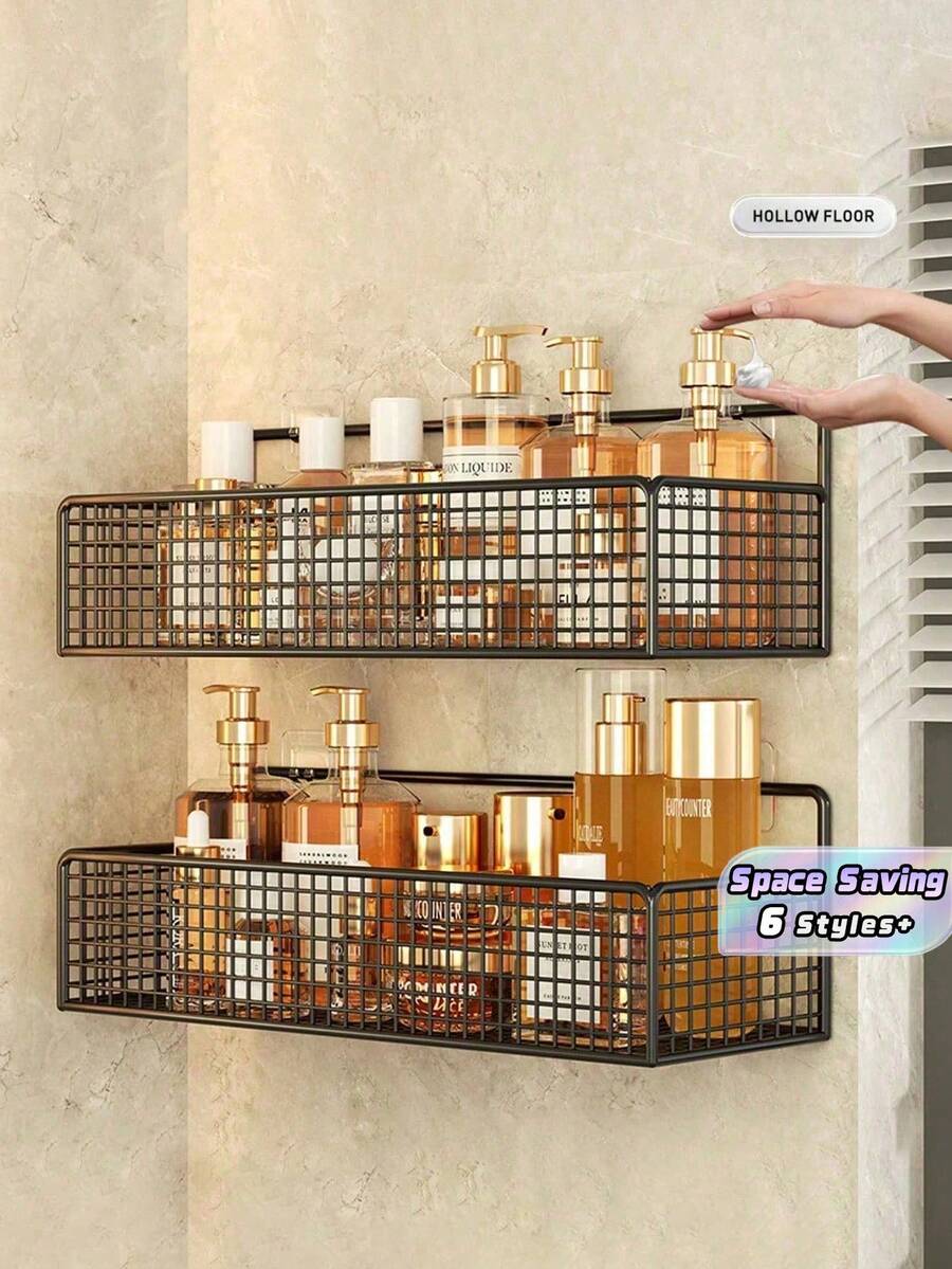 1/2Pcs Wrought Iron Bathroom Storage Rack Wall Mounted No Drilling Space Saving Cosmetics Kitchen Organizer Perforation Free Hanging Shelf Sturdy Rustproof Multi Functional Home Essentials Bathroom Accessories Kitchen Storage
