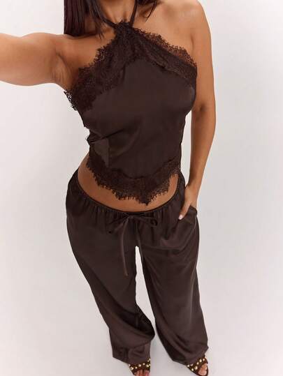 SHEIN BAE Women's Sexy Vintage Contrast Lace Halter Top And Pants Set, Summer