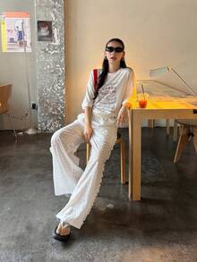 DAZY Women's Hollow Embroidery Frill Trim Casual Loose Pants Cute Tops Vacation - White - View 5