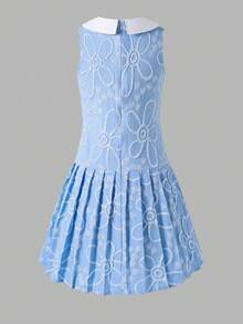 SHEIN Elladie kids 少女彼得潘领3D立体花卉装饰褶皱时尚连衣裙，适合外出、度假、家庭聚会、生日派对等场合 - 藍色 - 查看 2