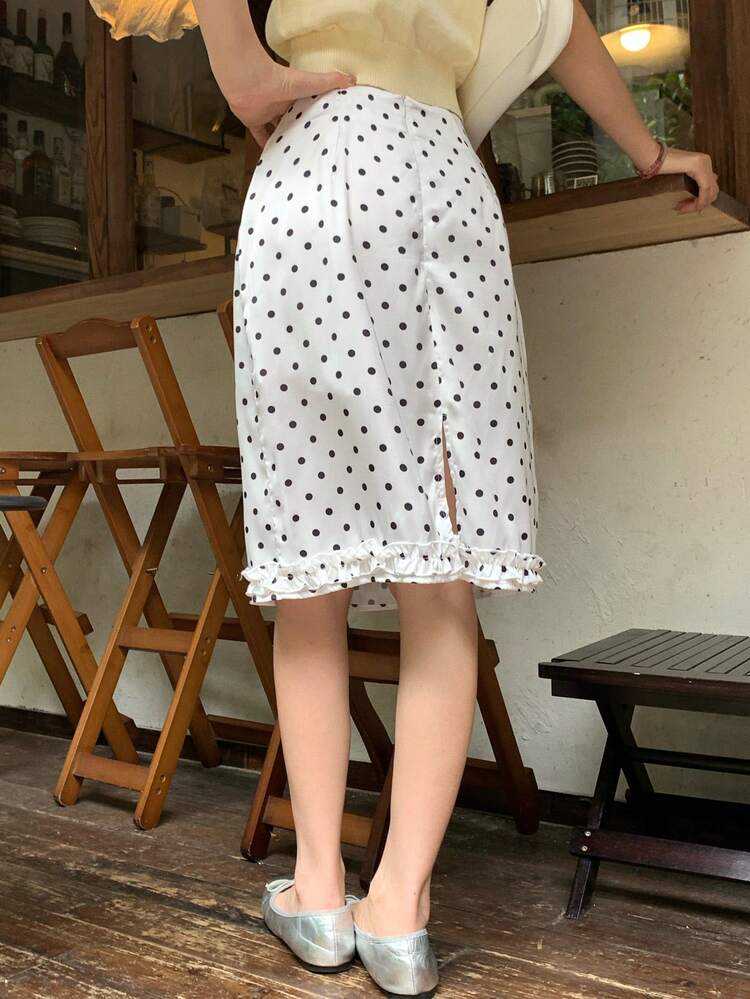 Polka Dot Frill Trim Elegant Vacation Casual Summer Knee-Length Skirt For Women