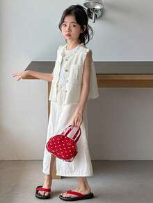 Dazy Kids Bộ đồ 2 món cho bé gái tuổi teen: Áo khoác denim và chân váy denim ống suông. - trắng - Xem 3