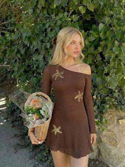 SHEIN MOD Vestido de verano con hombro asimétrico, manga acampanada, textura multicapa y bajo asimétrico