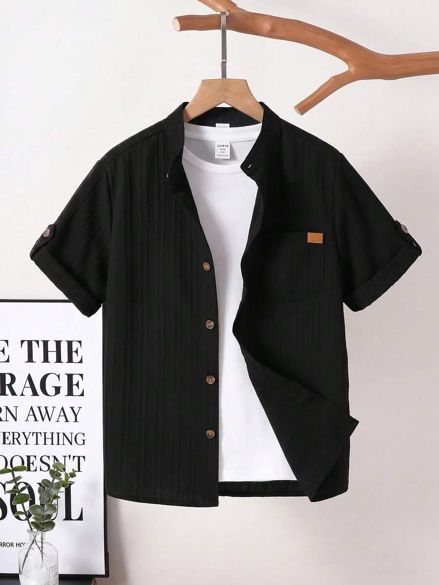 SHEIN Áo sơ mi ngắn tay cổ bẻ đa năng dành cho bé trai tuổi teen - màu đen - Xem 1