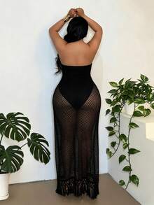 Maweii Plus Size Women's Sexy Fringed Hem Strapless Backless Hollow Waist Bodycon Dress, Suitable For Travel, Birthday Celebration, Holiday Party - Black - View 2