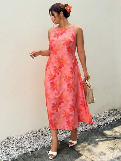 Firerie Plus Size Women Floral Print Casual Sleeveless Dress