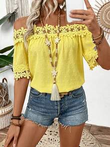 EMERY ROSE Women's Summer Beach Vacation Solid Color Contrast Lace Off Shoulder Loose Blouse - Yellow - View 7