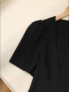 SHEIN Clasi 大尺碼優雅黑色方領泡泡袖上衣套裙，正式職場辦公室派對穿著，法式網紗兩件式夏季套裝 - 黑色 - 查看 5