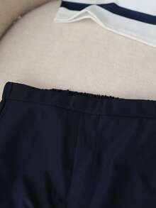 SHEIN 2件套 大童夏季时尚休闲优雅条纹印花半拉链polo衫+蓝色直筒裤套装，适合日常外出、聚会、通勤、商务活动等。 - 寶藍色 - 查看 6