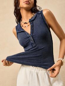 Easelle Casual Bohemian Style Lace Sleeveless T-Shirt, Waist Cinched Design, Vintage Washed Effect, Retro Nomadic Women's Navy Blue, Summer Top - Navy Blue - View 4