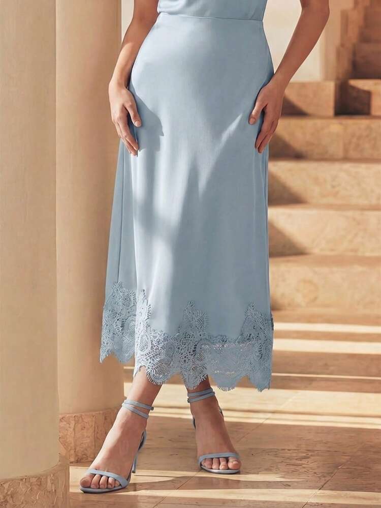 High Quality Fashion Standard Size Women's Summer New French Elegant Satin Lace Trim Skirt, Slimming Commute & Date Dress