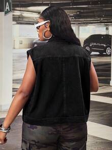 Slaydiva Áo khoác gile denim cài nút bất đối xứng dành cho nữ cỡ lớn, phong cách Hip Hop. - màu đen - Xem 2
