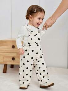 Baby Girls' Cow Print Denim Overalls With Oversized Bow Decor, Loose Fit - Beige - View 5
