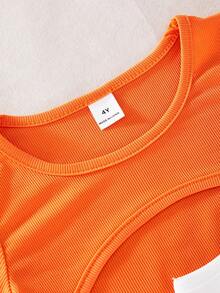 SHEIN 女童字母印花吊带背心+纯色圆领短袖上衣+松紧腰短裤运动套装 - 亮橙色 - 查看 7