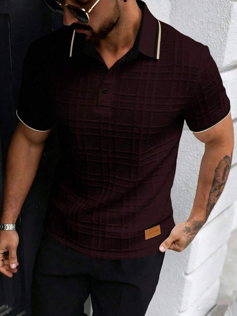 Manfinity Homme Men's Knitted Jacquard Textured Collar, Cuff, Hem Ribbed, 3-Button Closure, Faux Pearl Knit Formal Polo Shirt, Ceremony - Coffee Brown - View 1