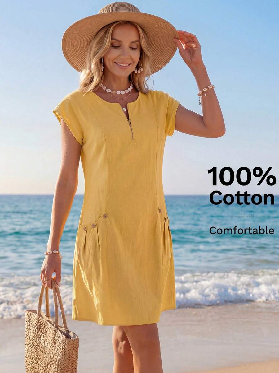 Women's Casual Solid Color Zip Collar Summer Dress,Summer Dresses For Women - Yellow - View 1
