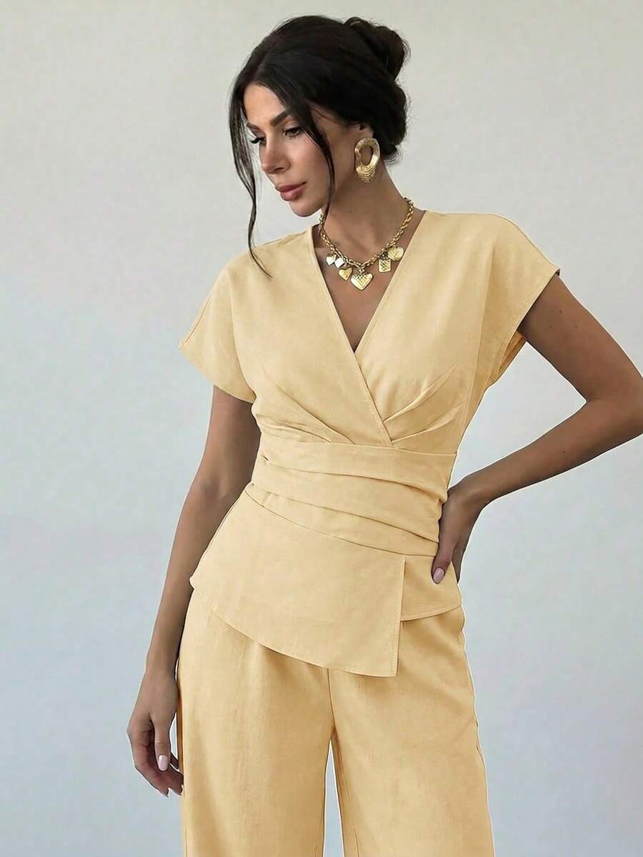 Aloruh Spring/Summer New Arrival Set, Elegant Resort Wear, Apricot Linen Asymmetric Sleeve Side Ruched Waist Commuter Apricot Bamboo Linen Fabric Shirt & High-Waist Wide-Leg Pants Set, Fashionable Commuter Style Ruched Waist Asymmetric Hem Shirt & Pants Two Pieces Set, Suitable For All Seasons, Elegant Commuter, Daily Outing, Casual Matching, Graduation Ceremony, Teacher's Day, Back To School And Other Occasions. - Light Yellow - View 1