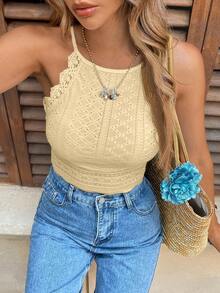 SHEIN Frenchy Ladies' Lace Splice Halter Off Shoulder Top Neck Tank Top - Light Yellow - View 5