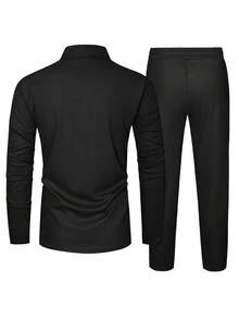 Manfinity Homme 宽松男士纯色四分之一拉链上衣和抽绳腰裤套装，秋季服装 - 黑色 - 查看 2