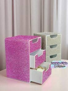 1PC Fully Rhinestone Three Layer Small Drawer High Appearance Desktop Storage Box Jewelry Cosmetic Organizer Desktop Organizer For Small Items Fashion Girl Essential Vanity Tray - Multicolor - View 1